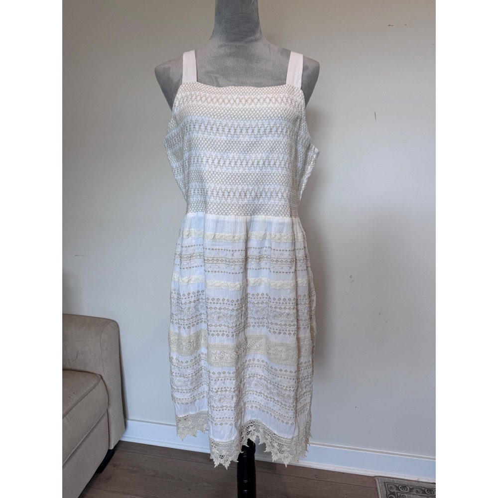 J. Jill White Tan Smocked Embroidered Eyelet Lace Midi Dress Womens Medium